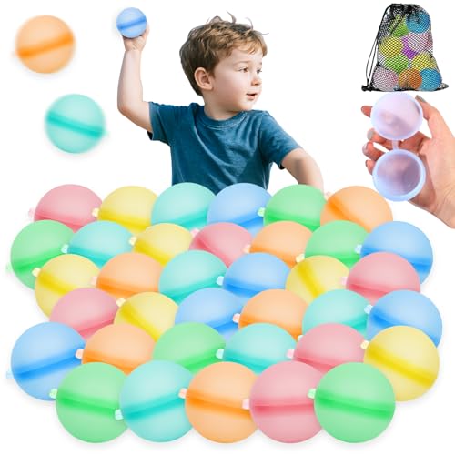 SaiXuan Wiederverwendbare Wasserballons 36 PCS, Selbstschließende Silikon Wasserbomben in 6 Farben, Wasserbälle Wiederverwendbar für Kinder & Erwachsene, Wasserspielzeug für Sommer, Garten & Pool