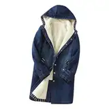 Susenstone Damen Jeansjacke Lang jacke Denim Jean Mantel Einfarbig Gefütterte Langarm-Baumwolle Denim Jacke mit Kapuze Winter Herbst Freizeitmantel Jacke mit Taschen Übergangsjacke Casual Outwear