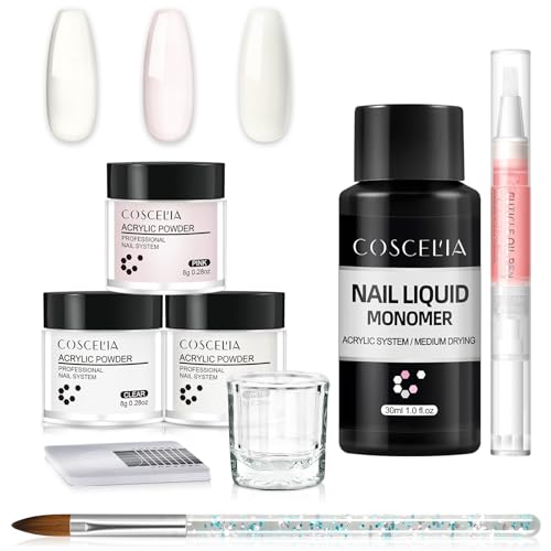 COSCELIA Acryl Nagelset 3 Farben Acryl Nagel Pulver und Acryl Liquid Set Acryl Pulver Nails Professionelles Acrylset für DIY Acrylnägel