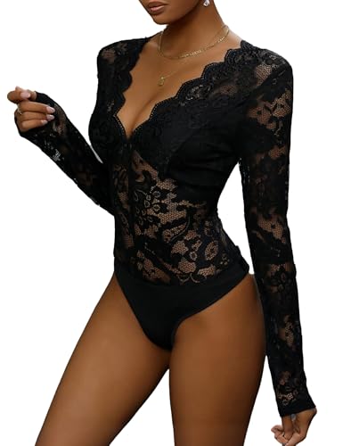 Everbellus Damen Sexy Spitze Body Anzüge Langarm Deep V Dessous Top Date Night Clubwear Schwarz Medium