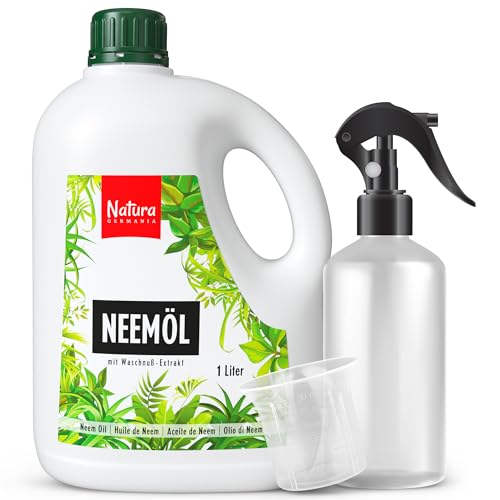 Natura Germania® Neemöl 1000ml mit Waschnußextrakt mit Sprühflasche und Messbecher - Ergibt 100 LITER sprühfertige Lösung - Neem Spray zur natürlichen Pflanzenpflege für Zimmerpflanzen/Gartenpflanzen