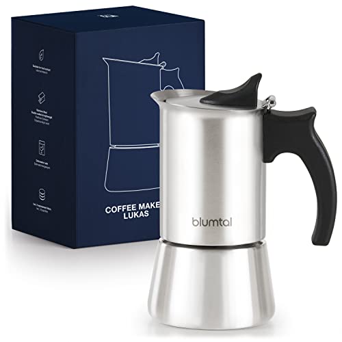 Blumtal Espressokocher Edelstahl 6 Tassen (300 ml) - aluminiumfreie Mokkakanne Induktion, Gas oder Ceranfeld mit verstärkter Wand, Ersatzdichtung und Ersatzfilter, Camping Kaffeekocher