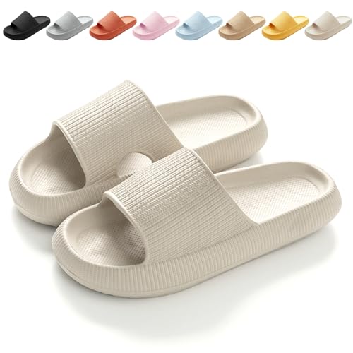 Calish Badeschuhe Herren Damen Cozislides Original Slippers Cloudyzz Schlappen Wolke rutschfeste Badelatschen Hausschuhe Sommer Pantoletten Badeschlappen Flip Flops Indoor/Outdoor, Beige, 40-41 EU