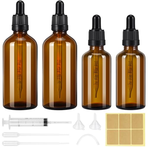 Farnirvana 4 Stück Pipettenflasche, 50ml 100ml Apothekerflasche Braunglasflasche mit Pipette Tropfflasche und Etikett, Glasflaschen für Ätherische Öle Parfümöle Aromatherapie