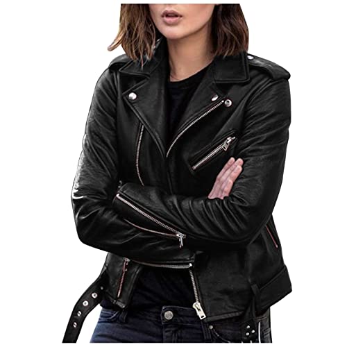 Lederjacken Für Damen: Schwarz Echtleder Herbst mit Gürtel Bikerjacke Kunstlederjacke Oversize Elegant Winter Vintage Leather Jacket Lederjacke Günstig Lang Damen-Jacken Ledermantel