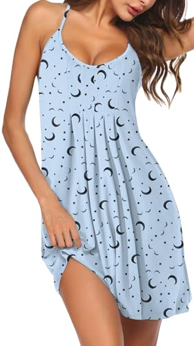 Ekouaer Nachthemd Damen Ärmelloses Nachtkleid U-Ausschnitt Schultergurte Nachtwäsche Sexy Sleepwear Mondstern M