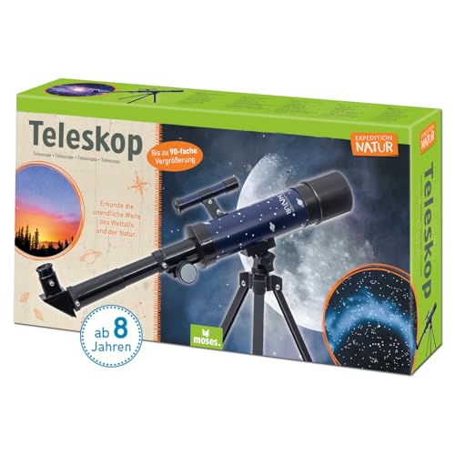 moses. Expedition Natur Teleskop, Teleskop Starter-Set für Kinder mit bis zu 90facher Vergrößerung, Einsteiger-Teleskop mit Stativ, tragbares Outdoor-Teleskop für unterwegs