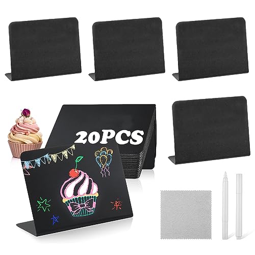 Mini Kreidetafel Set, 20 Stück Buffet Schilder, Kreidetafel Klein, Tafel zum Beschriften, mit 2 Mikrofaser Tuch für Gastronomie Buffet Café Hochzeit Party 10 x 7,5 cm Schwarz