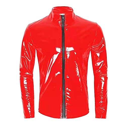 Herren Lack-Optik Jacke T-Shirt Slim Fit Latex Glänzend Tops Sexy Oberteil Lack Leder Mesh mit Stehkragen Hippie Disco Party Clubwear Jumpsuit Ledermantel Lack Optik Wetlook Oberteile