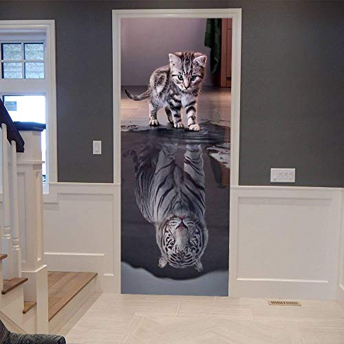 VIRANDA 3D Türtapete Selbstklebend TürPoster - Katze wird Tiger - Türaufkleber Fototapete Abziehen und Aufkleben Türfolie Poster Tapete 90x200cm