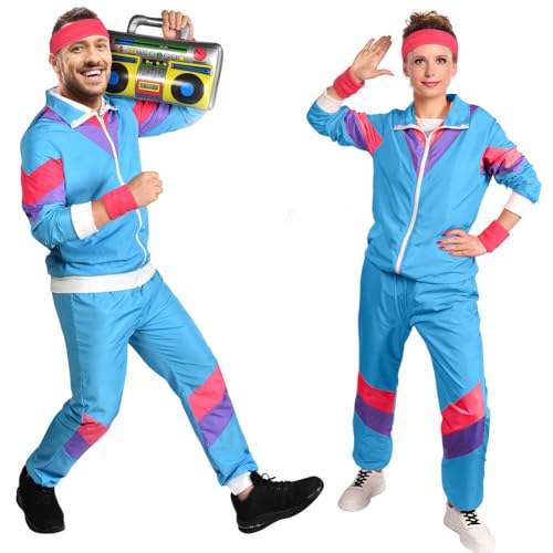 Aomig 90er 80er Jahre Kostüm Erwachsene, Retro Trainingsanzug für Männer Frauen, Disco Ganzkörperanzug, Partner Outfit Jacke und Hose 80er Party Bad Taste für Mottoparty Karneval(Blau-M)