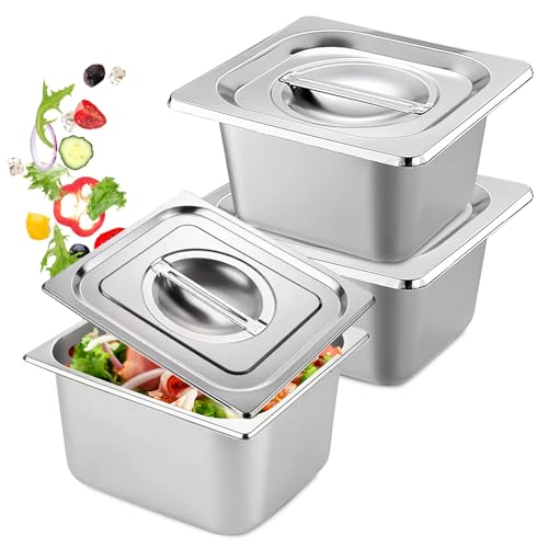 Panier-Set Aus Edelstahl, 3 Stück Hotelpfannen, Panierschalen Set 3-Teilig, 1/6 Größe 10 cm Tief, Dampftischpfannen, Pfannen, Edelstahl Behälter mit Deckel, Catering-Pfannen, Frischhaltebehälter