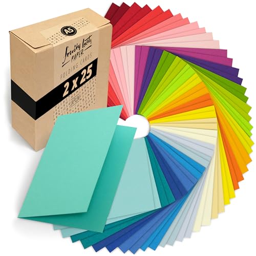 Japun - 50 farbige blanko Falt-Karten (2 x 25 Farben), Klapp-Karten zum gestalten, beschriften oder bedrucken - DIN A5-250 g/m² - bunt