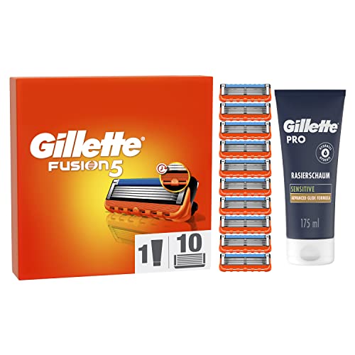 Gillette Fusion 5 Rasierklingen und Bartpflege Set, 10 Ersatzklingen für Nassrasierer Herren + Gillette PRO Sensitive Rasierschaum 175 ml, Geschenk für Männer