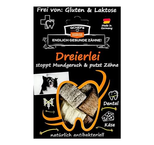 QCHEFS DREIERLEI Hundeleckerli bei Mundgeruch, Zahnfleischentzündung als Zahnsteinentferner durch natürlich antibakterielle Zahnpflege ohne Dentalspray, Zahnbürste oder Zahnpasta