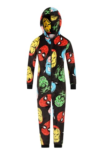Marvel Avengers Jungen Mädchen Fleece Schwarz AOP Schlafanzug Kinder Spiderman Einteiler, Schwarz , 7-8 Years