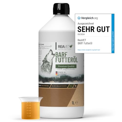 TESTURTEIL SEHR GUT 05/24 ReaVET Profi Futteröl Hunde 1 Liter, 1. Kaltpressung, kaltgepresst, Barföl, Futteröl Hund, hochwertige & perfekte Mischung, Barf Zusatz für Hunde I natürlich & artgerecht