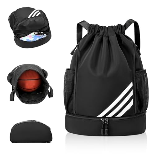 CFHOOAY Turnbeutel für Jungen Kinder Damen Herren,Sportbeutel Sportrucksack mit Breit Kordelzug Netztasche Ball-Fach,sporttasche basketball tasche rucksack gym bag schwarz fussballtasche Wasserdicht