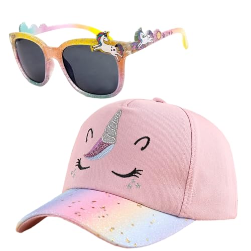 Einhorn Basecap Mädchen, Baseballkappe Verstellbarer, Baseballmütze mit Sonnenbrille, Snapback Cap, Sonnenhut, Baseball Cap Kinder für Geschenk (DE/NL/SE/PL, Alphanumerisch, Einheitsgröße, rosa)