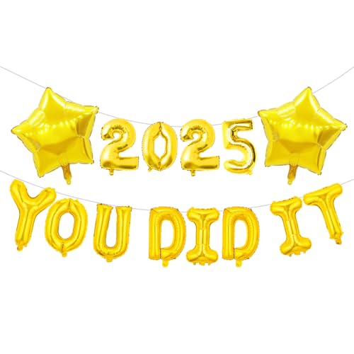 Banner mit Aufschrift "Congratulations - You Did It", Abschlussdekoration, Party-Banner, Glückwunsch-Party-Banner, Banner mit Stern-Folienballon-Hintergrund für Klasse von Partyzubehör (goldfarben)