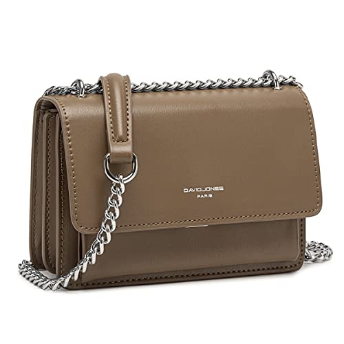 David Jones - Damen Kleine Umhängetasche - Frau Ketten Schultertasche PU Leder - Handtasche Mini Crossbody Bag mit Klappe - Handy Party Tasche Kettentasche Abendtasche Mode Trend - Braun Taupe