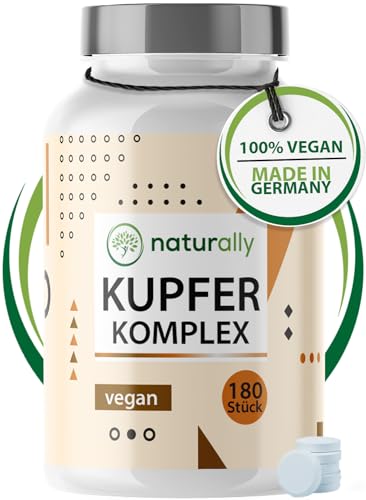 naturally 2mg Kupfer Tabletten - 180 Tabletten, Komplex mit Kupferbisglyzinat, Kupfergluconat und Kupfercitrat, Copper Supplement, ohne Zusätze, vegan, laborgeprüft