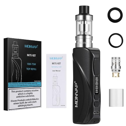 E Zigarette 75W, MONVAP M75 Starter Set 2600mAh Build-in Vape, Top Refill Verdampfer 0,3 ohm 2ml E Dampfer ohne Nikotin 0.0mg (M75)