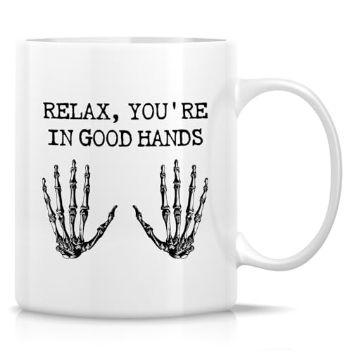 Lustige orthopädische Tasse – 325 ml Keramik-Kaffee- oder Teetasse – humorvolles sarkastisches Geschenk für orthopädische Chirurgen, Knochenarzt, Orthopäden, Chiropraktiker – "Relax You're in Good
