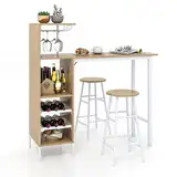 COSTWAY Bartisch mit Barhocker Set, 2 Personen Bartisch Set mit Halterungen für Weingläser und Flaschen, Küchentheke für Wohnzimmer, Esszimmer und Küche (Natur)