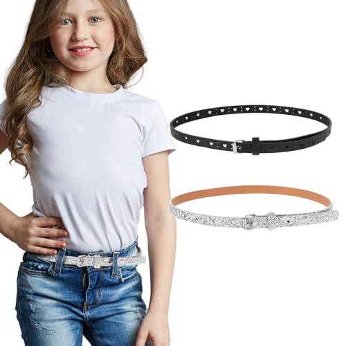 Amaxiu 2er Pack dünner Gürtel für Mädchen, Glitzergürtel niedlicher glänzender PU Ledergürtel verstellbarer Taillengürtel für Jeans Kleid(schwarz + grau)