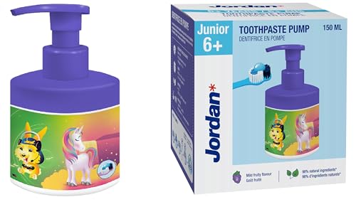 Jordan ® | Junior Zahnpasta-Pumpe | Zahnpasta auf einer Pumpspender, die der Menge von 3 regulären Tuben entspricht | Innovative und bequeme Lösung | 6-12 Jahre | 1450 ppm | Traube | 150 ml