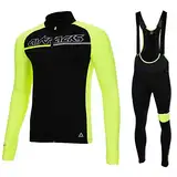 Airtracks Herren Winter Fahrradtrikot Set Pro Team II - Thermo Trägerhose Pro Team II - Thermo Fahrradtrikot Pro Team - optimal für Herbst - Winter - schwarz-neon - L