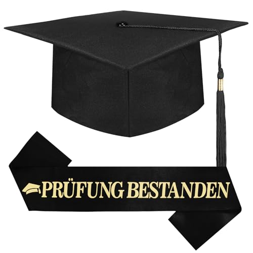 Bachelor Hut mit Prüfung Bestanden Schärpe,Verstellbar Doktorhut Abschluss Hut Unisex, Graduation Deko Set, Geschenk bei Prüfungen Abschlussfeier Uni Universität Hochschule, Graduation Party Deko