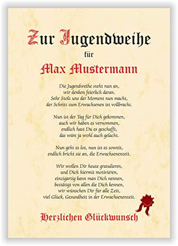 Urkunde als Geschenk zur Jugendweihe Junge Mädchen - Geschenkurkunde personalisiert - mit Name toller Spruch Karte Gedicht Party Deko Andenken