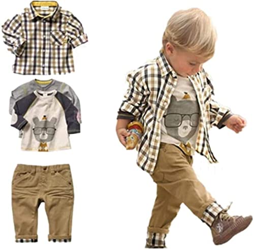 MERCIYD Kleinkind Jungen Casual 3-teiliges Bekleidungsset T-Shirt + kariertes Hemd + Khaki Hose