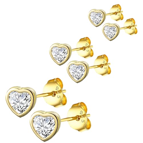 HinDaLi 3 Paar Ohrringe Sterling Silber 925 Stecker für Damen Mädchen Ohrringe Diamant Gold Ohrstecker Herz Knorpel Ohrringe Damen Ohrringe Herz Hypoallergen Ohrringe Gold Set Ohrstecker Damen