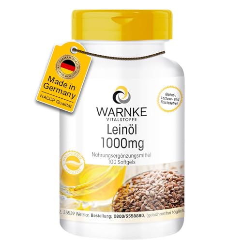 Leinöl Kapseln - 100 Softgels - Pflanzliches Omega 3-6-9 - hochdosiert - Flaxseed Oil 1000mg | Warnke Vitalstoffe - Deutsche Apothekenqualität