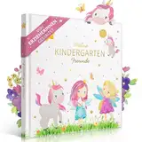 EULENTALER® Freundebuch Kindergarten Mädchen I Von Erzieherinnen gestaltet I Handgemalte Einhörner, Feen und Prinzessinnen I Kinderfreundliche Gestaltung I Mit Goldprägung I Freundschaftsbuch Einhorn