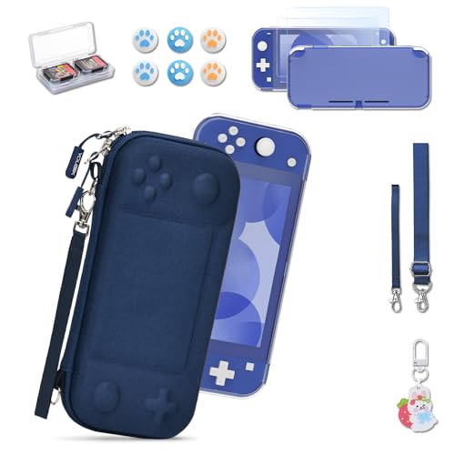 Younik Switch Lite Hülle, 14-in-1 Zubehör mit Switch Lite Tasche, klare Schutzhülle, Spielkartenhülle, 2 Bildschirmschützern, 6 Daumengriffen, Anhänger, Blaue Tragetasche für Switch Lite