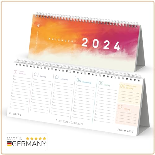 UNITURE® - Tischkalender 2024 quer [buntes Design] - Wochenkalender 2024 zum Aufstellen als Stehkalender 2024 - Kalender 2024 Tischkalender als Querkalender 2024