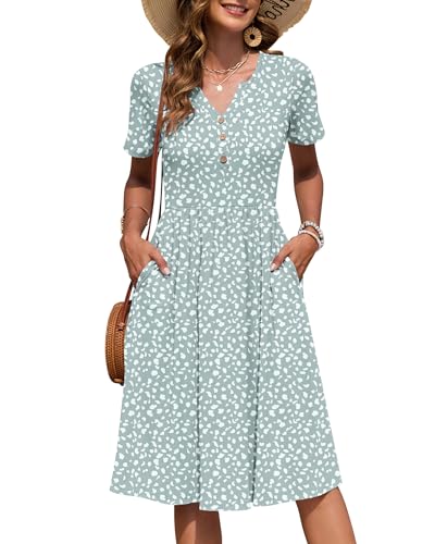 AUSELILY Damen Kurzarm Sommerkeider Knielange Sommer Kleider V-Ausschnitt mit Knöpfen Empire Midikleid mit Taschen Grüner Fleck XL
