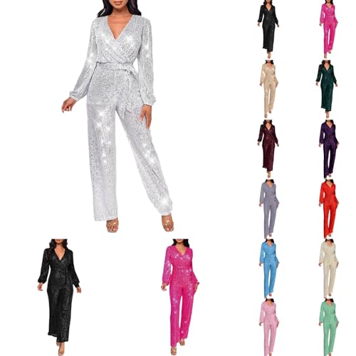 Duohropke Overall Damen Jumpsuit V-Ausschnitt Langarm Elegant Bodysuit mit Gürtel Sexy Abendkleid Butt Pailletten Eng Einteiler Hohe Taille Playsuit Leistungskleidung