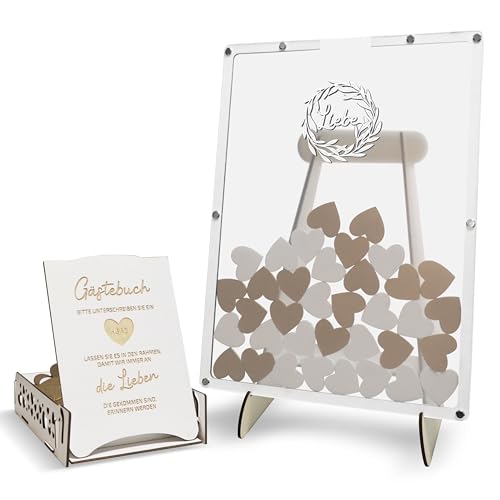 BIROYAL Weißes Holz-Hochzeitsgästebuch, kreatives Design für die Hochzeit, Dekoration für die Gästeunterschriften, umfasst einen Rahmen mit 80 Holzherzen und eine Geschenkbox zum Aufbewahren