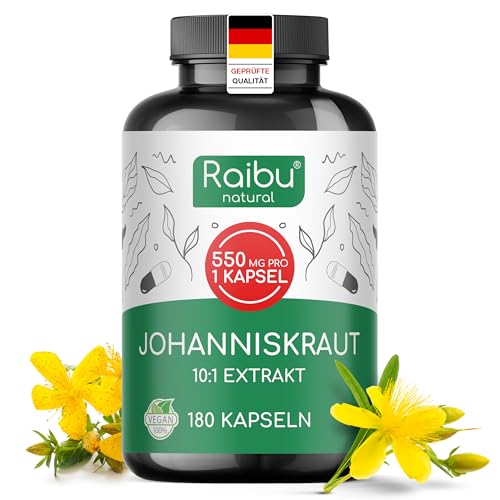Johanniskraut Kapseln Hochdosiert - 5500 mg Johanniskraut pro Kapsel (10:1 Extrakt) - Natürliches Hypericin - 180 Kapseln, 6 Monate Vorrat - Vegan & Ohne Zusatzstoffe - Raibu