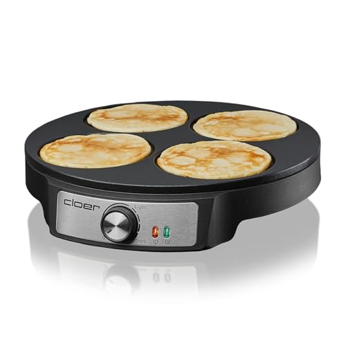 Cloer 6625 Pancake Maker, Mini Pancakes, für 4 kleine Pfannkuchen je 11 cm Ø, 1200 W, Antihaftbeschichtung, inkl. Pfannkuchen-Wender, schwarz