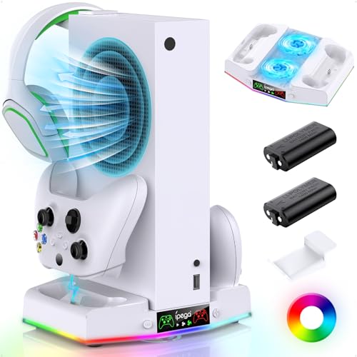 FYOUNG Ladestation für Xbox Series S Konsole, Upgrade Vertikaler Controller Ladestation Zubehör mit 15 RGB Licht, Kühler Lüftersystem, 2X 1400mAh wiederaufladbare Batterie, Headset Halter