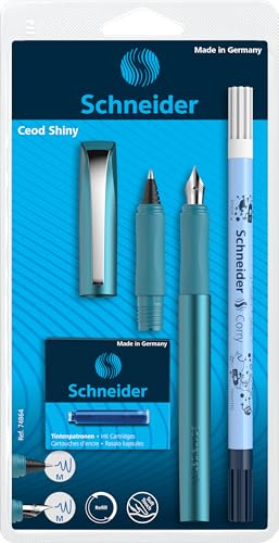 Schneider 74864 Ceod Shiny Schreibset mit Füller, Tintenroller, Tintenkiller (Rechts- und Linkshänder, M-Feder, inkl. Tintenpatronen königsblau) teal