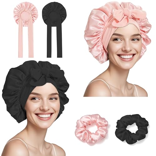 Sealong 2 Stück Seidenhaube zum Schlafen mit Haargummis, Verstellbarem Satin Haarhaube Seide mit Elastischem Bund, Weich Schlafmütze Damen Haarschutz für die Nacht, Bonnet Sleep Cap Lange Haare Locken