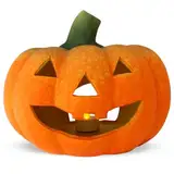 Kürbis-Deko als große Keramik Halloween-Deko LED Set in 22 cm - Jack Lantern Halloween-Kürbis als beleuchtete Outdoor Grusel-Deko - Kürbis Laterne als innen Herbst-Deko oder Garten-Deko Windlicht