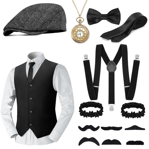 WEARXI 20er Jahre Herren Accessoires, Mafia Karneval Kostüm Herren, Peaky Blinders Kostüm, 20er Jahre Accessoires, Fasching Kostüme Herren Hosenträger Herren Kostüm Set Deko (Schwarz-2, XL)